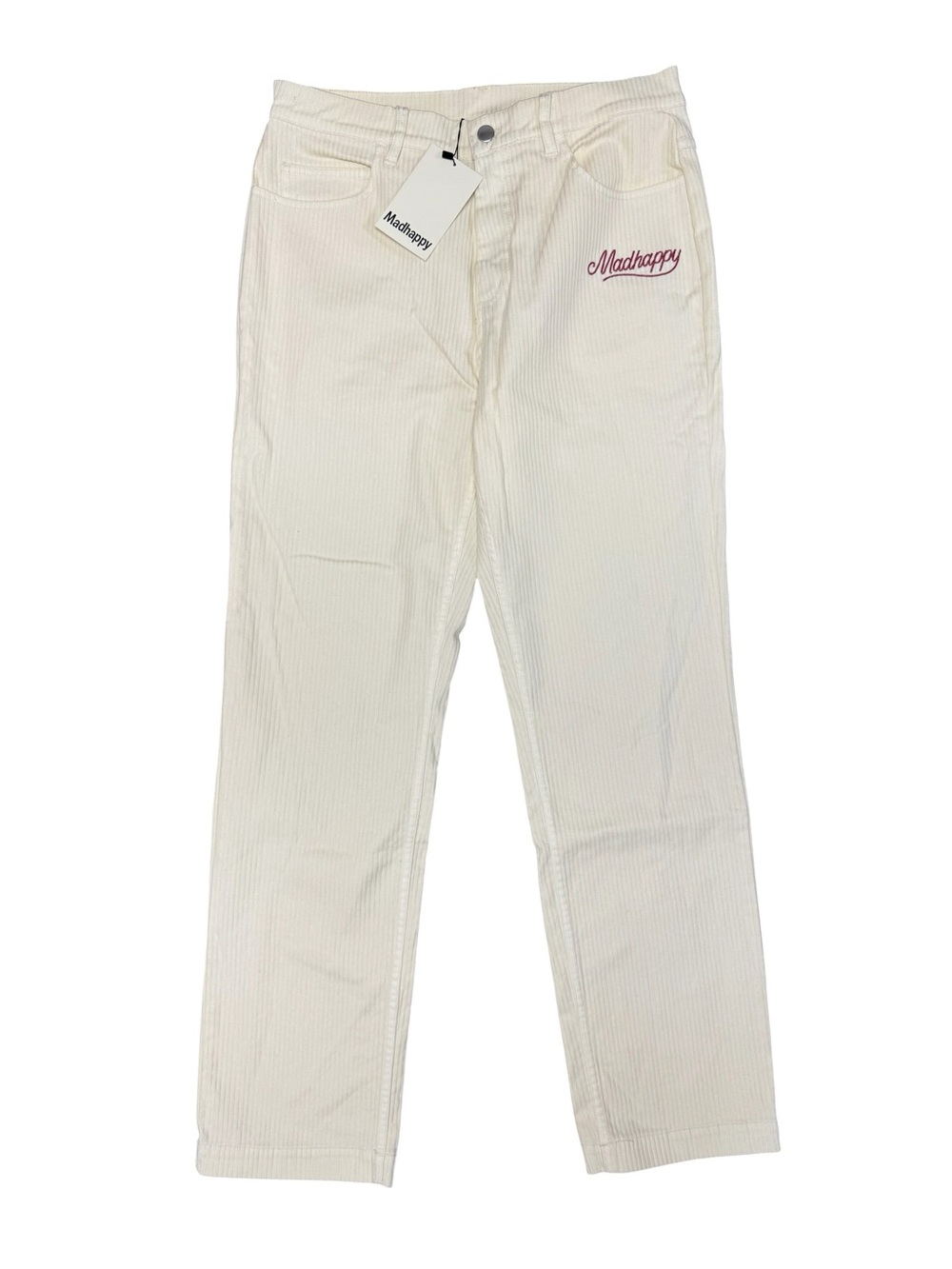 Madhappy Alumni Corduroy Pants Straight Leg Collegiate Embroidered 32 Cream NEW